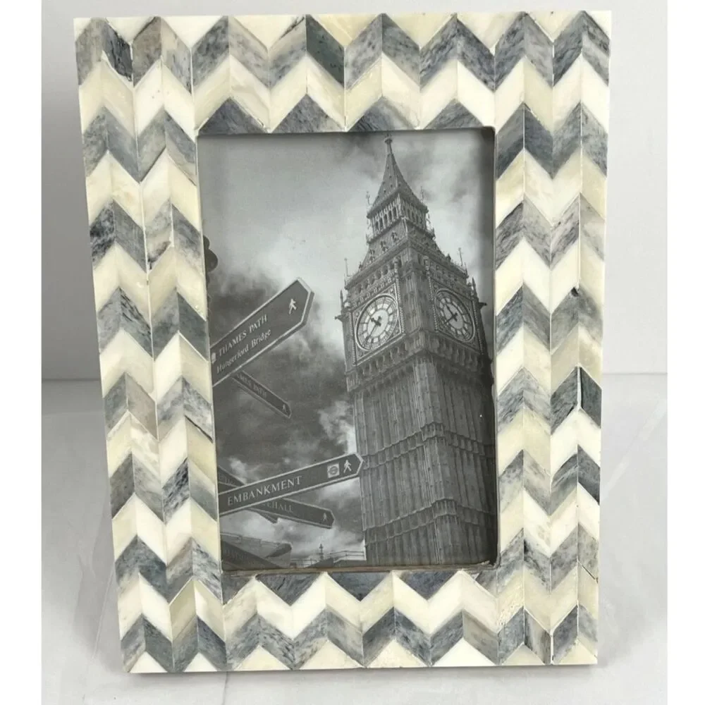 World Market Bone Inlay Picture Frame 4x6 Chevron Mosaic Grey Ivory Boho Decor